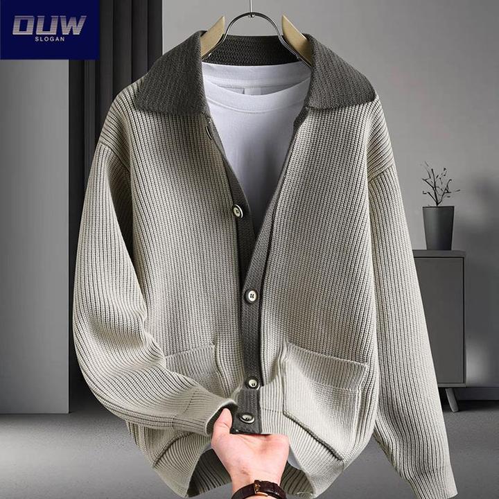 O.U.W假两件针织衫男士2025初秋宽松开衫毛线衣潮牌休闲翻领外套