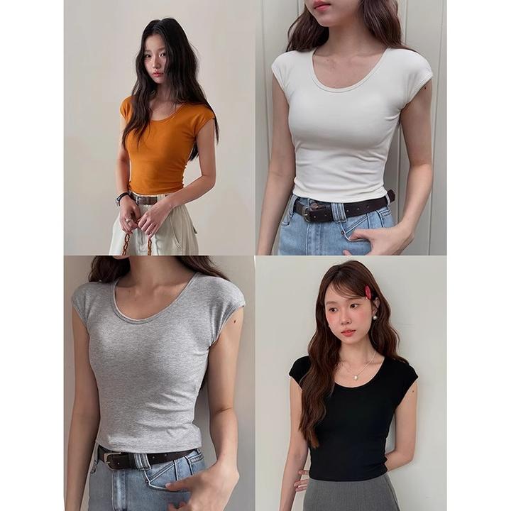 午逅【夏日圆脸2in1自带胸垫】韩系u领小飞袖t恤女修身短袖上衣