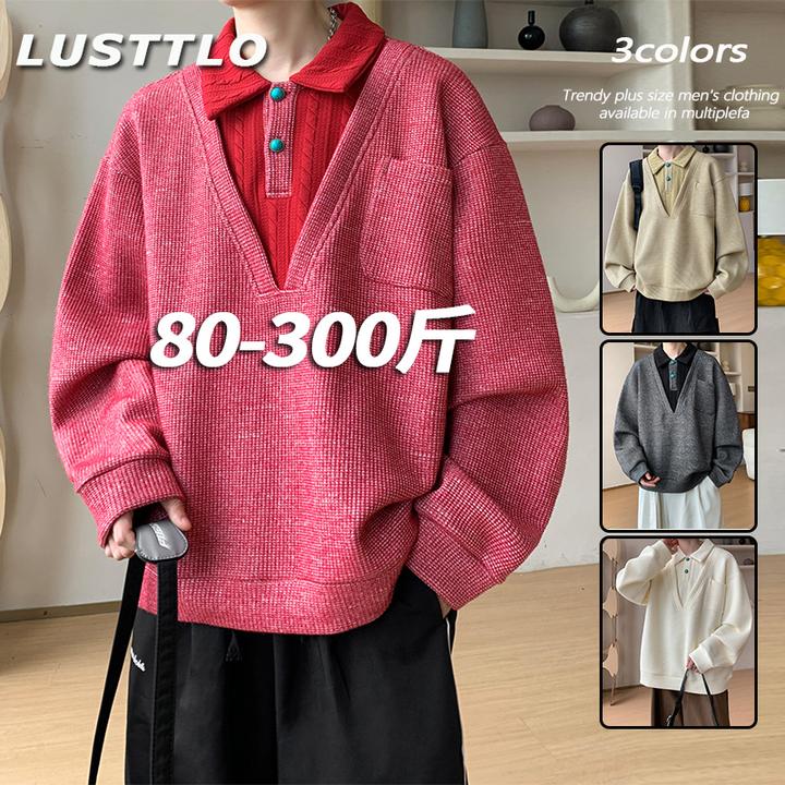 美式复古慵懒风拼接男士卫衣2025春秋新款翻领保暖百搭大码打底衫