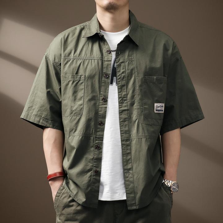 美式潮牌宽松纯棉短袖衬衫男2025夏季新款休闲百搭简约工装衬衣男