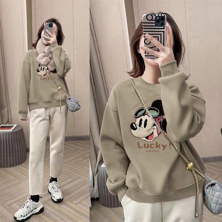 圆领套头打底衫加绒加厚卫衣女2025秋冬新款宽松韩版外套春秋薄款