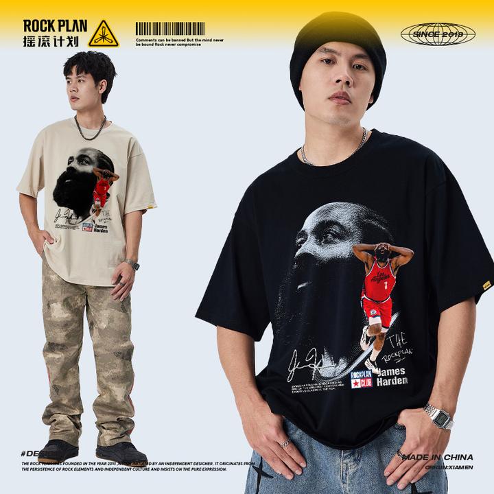 摇滚计划快船哈登抱头印花美式做旧潮牌复古男女同款纯棉短袖t恤