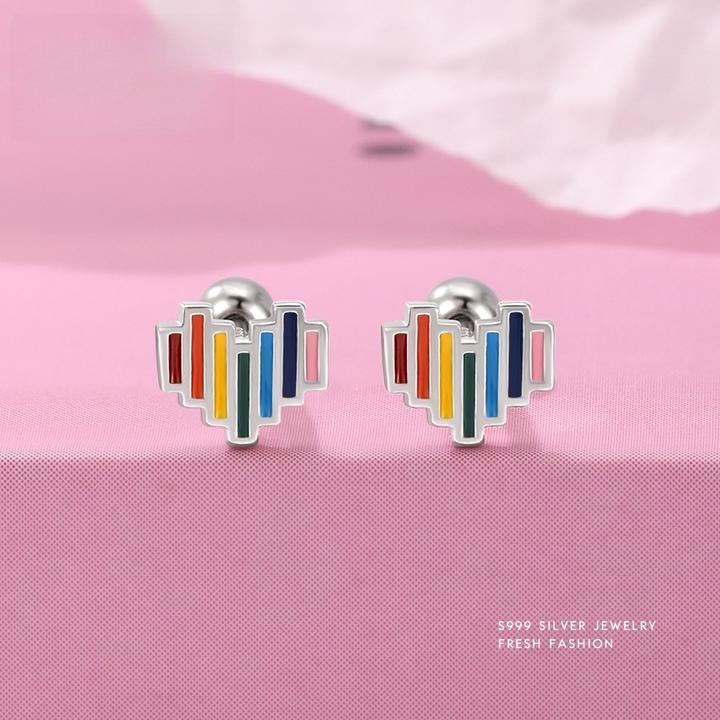 足银耳饰 999纯银彩虹爱心耳环拧螺丝甜美小清新耳环2025新款耳饰
