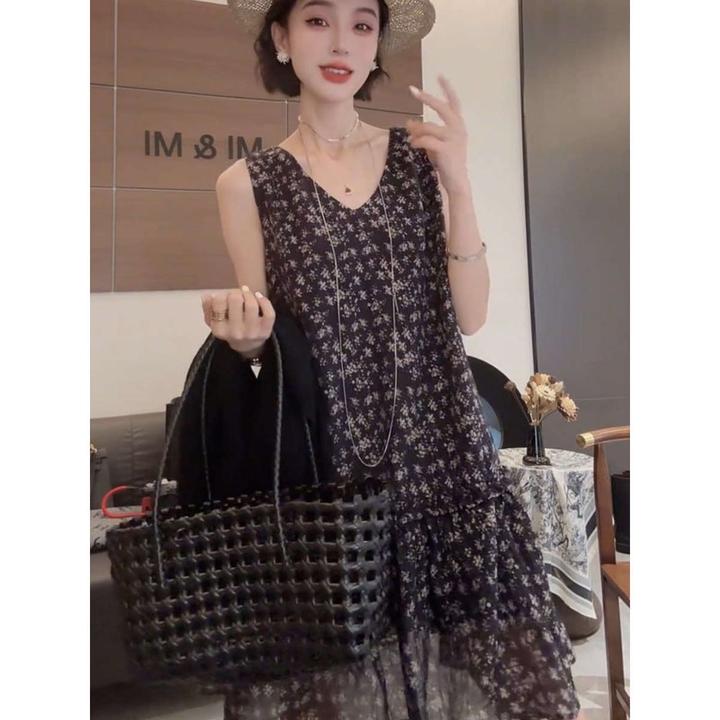 法式气质碎花背心V领连衣裙女夏设计感褶皱木耳边超好看漂亮短裙