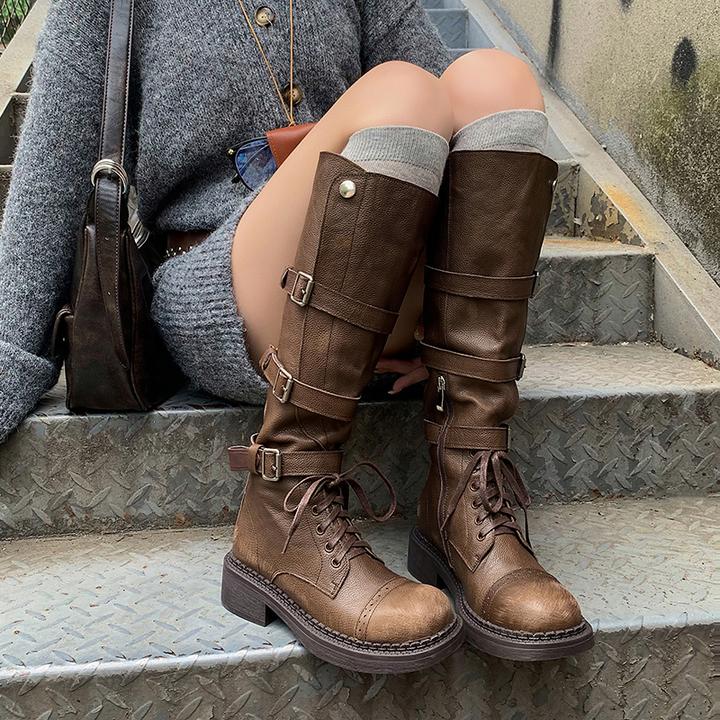 厚底小个子高筒靴女长靴2025年秋款骑士靴真皮靴皮带扣中跟长靴子