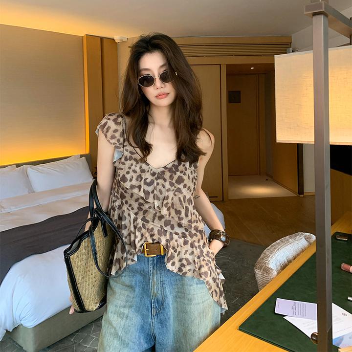 【ALONE SAVOR】曲线回廊 豹纹不规则领口背心吊带Z149