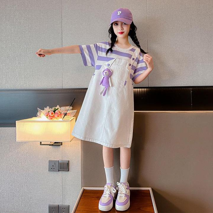 女童裙子夏款2025新款洋气大童韩系牛仔假两件背带儿童连衣裙