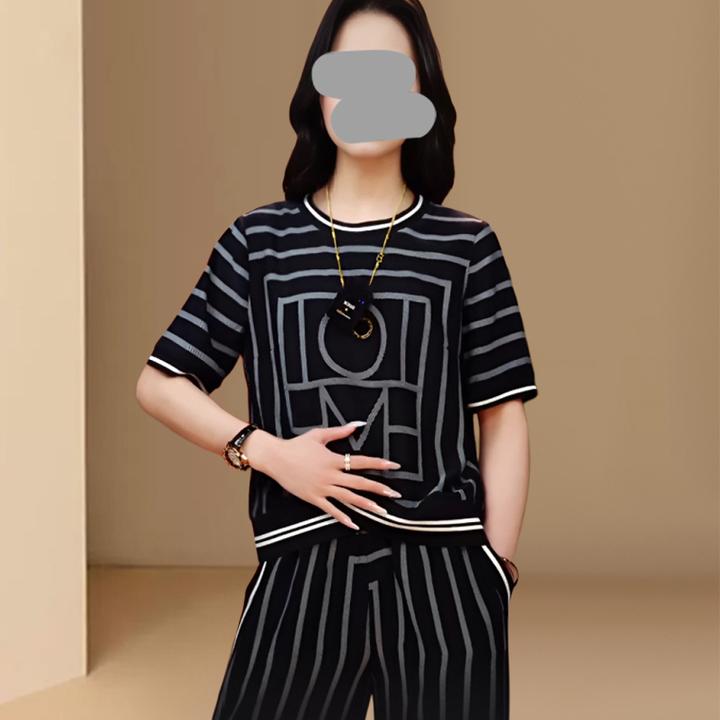 时尚休闲套装女2025夏季新款减龄显瘦百搭短袖印花上衣阔腿裤套装