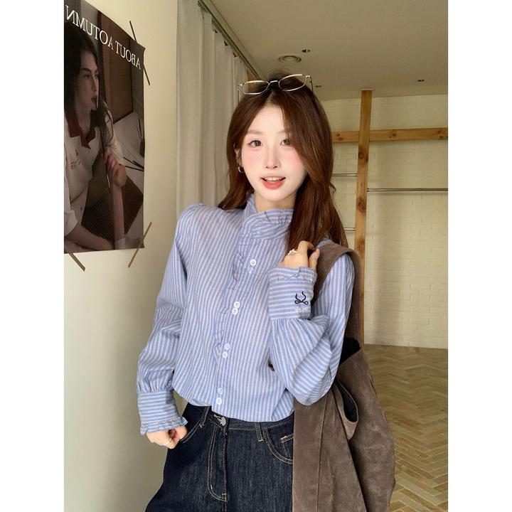 法式木耳边蓝色条纹衬衫女2025早秋季刺绣蝴蝶结宽松叠穿长袖上衣