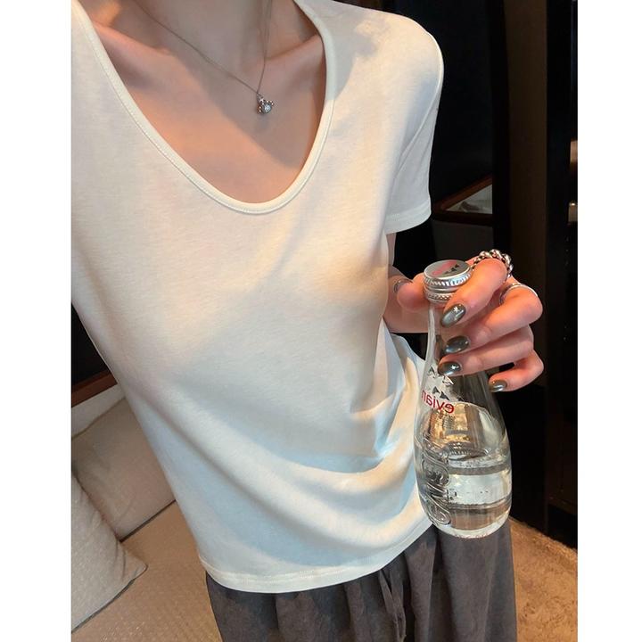 2025夏季新款纯色白色大v领宽松慵懒感弹力短袖t恤女宽松体恤上衣