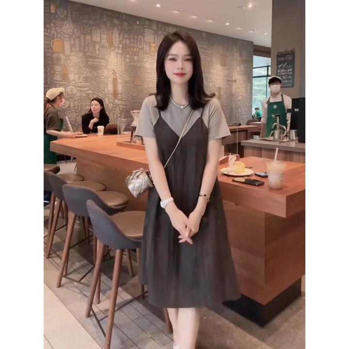 设计感小众拼接吊带假两件连衣裙女洋气减龄宽松显瘦遮肚子T恤裙