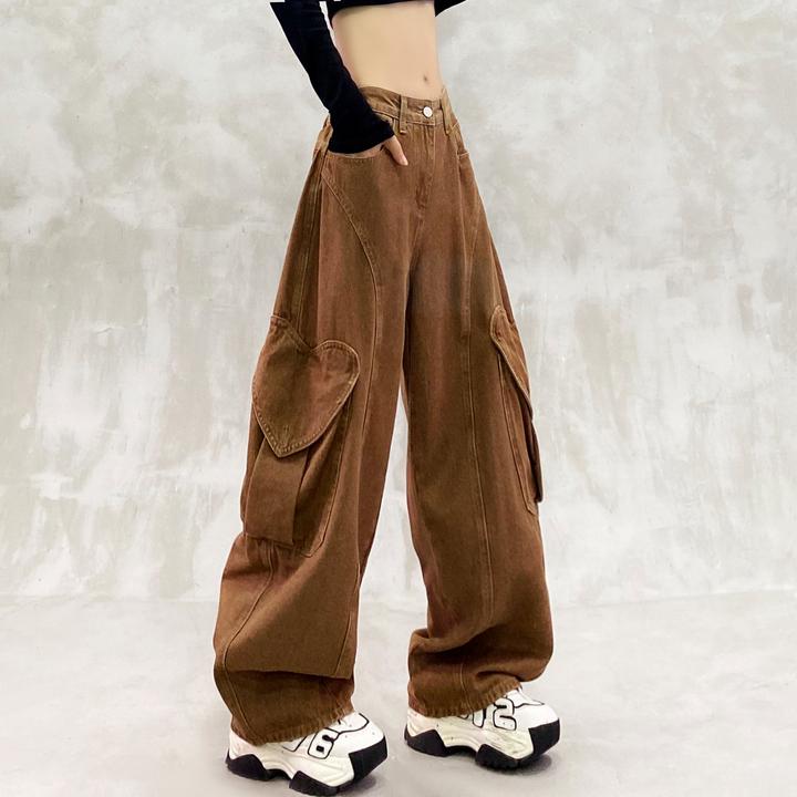 侧边口袋装饰拼接休闲弯刀牛仔裤女秋新款高腰宽松显瘦百搭镰刀裤