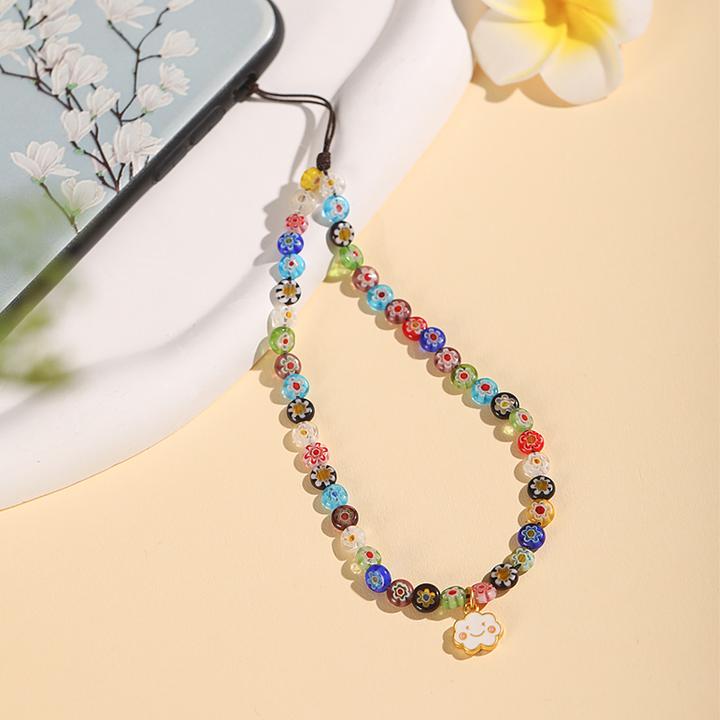 彩色千花琉璃时尚手机链挂绳手腕防丢短款串珠壳挂件挂饰品防丢绳