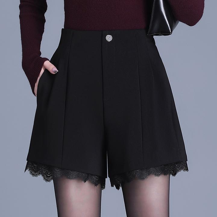 黑色西装短裤女2025春秋新款高腰小个子蕾丝花边A字阔腿靴裤