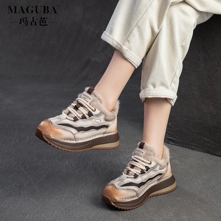 玛古芭女百搭超软保暖棉靴加厚高帮运动鞋头层牛皮防滑保暖短靴