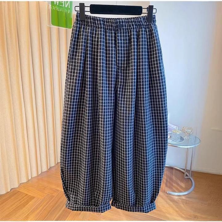 外贸出口日单外单高级感格子裤女大码宽松休闲百搭阔腿九分气球裤