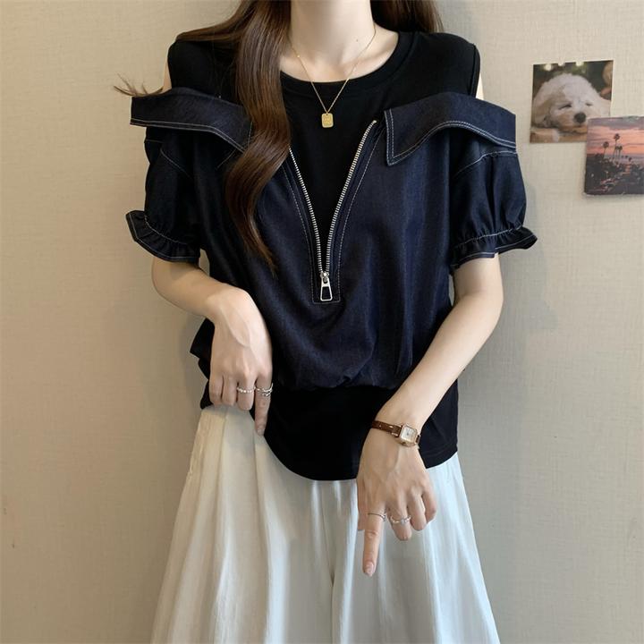 大码女装牛仔拼接露肩假两件短袖T恤女夏季胖MM遮肚显瘦拉链上衣