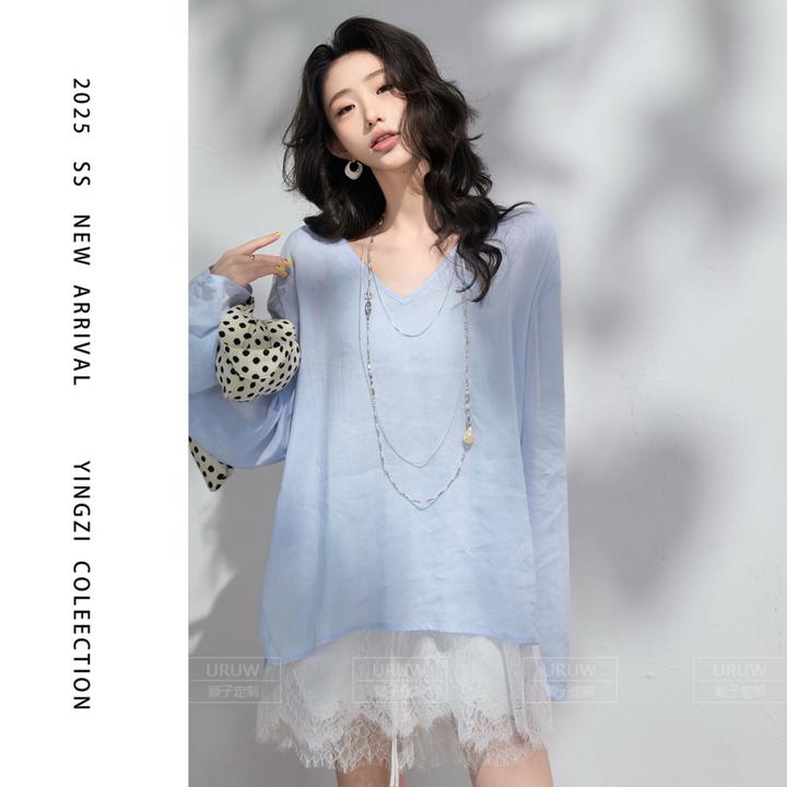 颖子定制【南韩艺术】纯色蕾丝V领T恤女长袖后开叉宽松上衣 9667