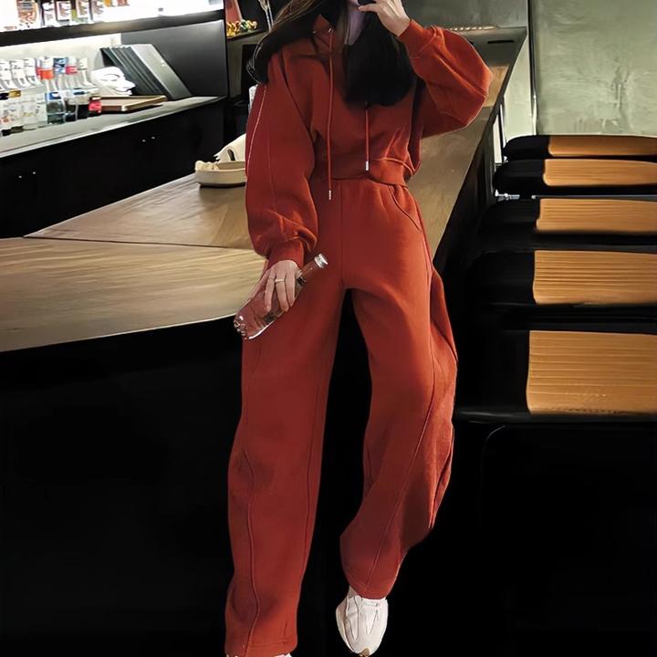 偏汐今年流行气质上衣套装女2025冬新款小个子红色休闲卫衣两件套