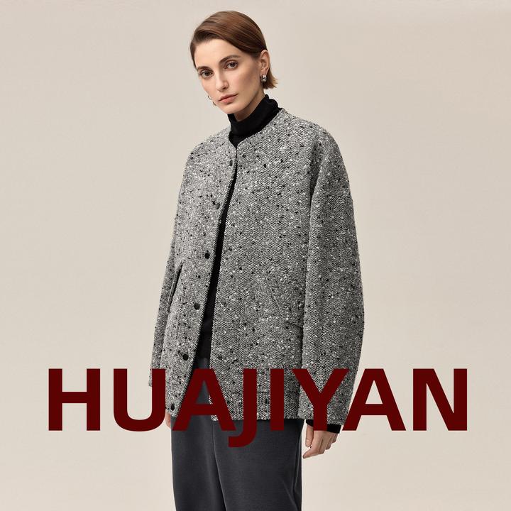 华吉言/HUAJIYAN【水墨】初剪羊毛混纺圈圈纱落肩大廓形蝙蝠袖外套