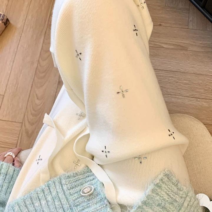 白色重工烫钻针织裤子女冬季新款高腰加厚保暖宽松垂感直筒阔腿裤