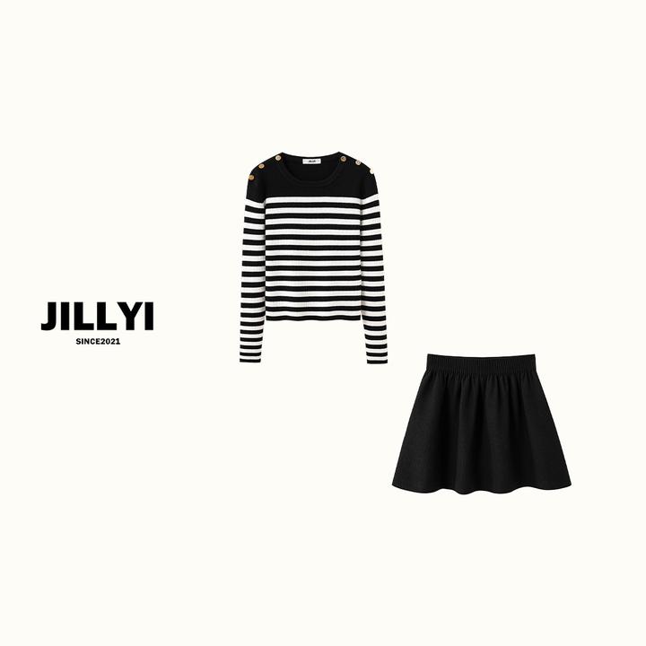 JILLYI珠海店【限定条纹】+【奶油泡芙】黑白条纹上衣+黑色半裙时尚套