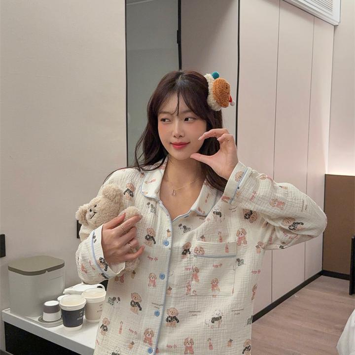 甜美可爱风卡通狗狗衬衫领纯棉纱布睡衣女套装秋季休闲宽松家居服