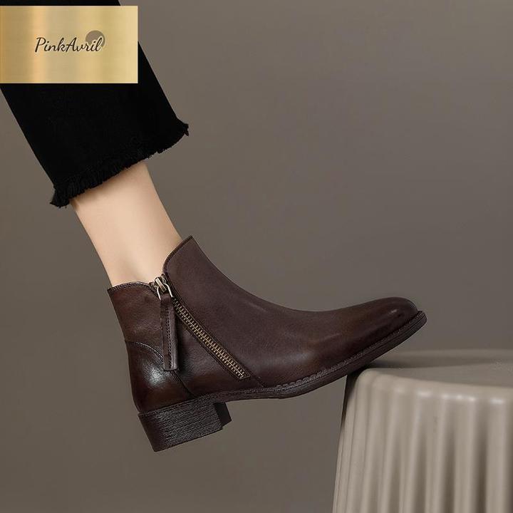 PinkAvril秋冬季圆头英伦风切尔西短靴复古棕色马丁靴女平底低跟