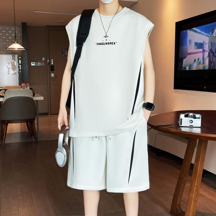 2025夏季新款青少年曼巴棉时尚设计撞色条纹短袖套装美式两件套