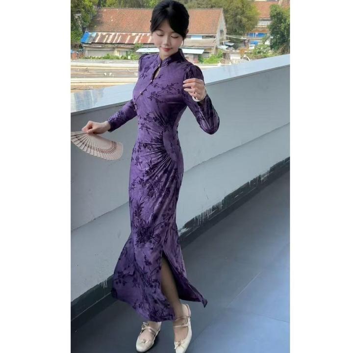 画报夫人新中式2025年秋季新款高级感改良版紫色气质提花显瘦修身