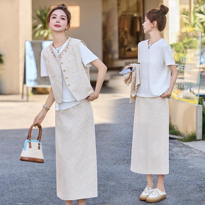 小香风亮片拼接马甲套装裙女2025年夏季新款休闲时尚半身裙三件套