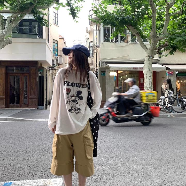 美式复古可爱米老鼠印花长袖女夏季防晒罩衫T恤慵懒风宽松上衣ins