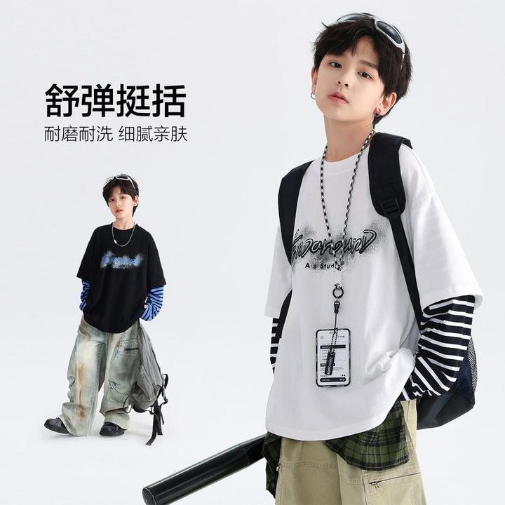 长袖条纹青少年儿童t恤假两件宽松上衣韩范新款秋季男童2025运动