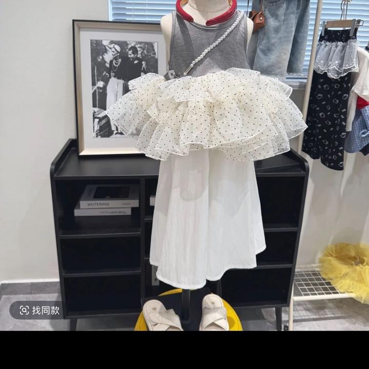 韩系女童套装夏季洋气25拼接新款宝宝波点背心裙白色冰感棉阔腿裤