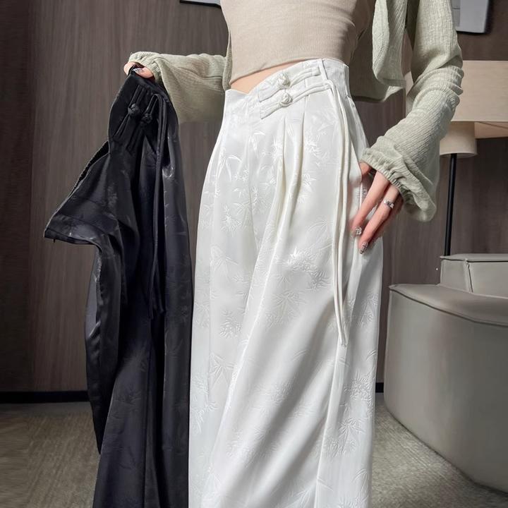 新中式国风提花缎面阔腿裤女夏季盘扣高腰显瘦宽松直筒垂感拖地裤