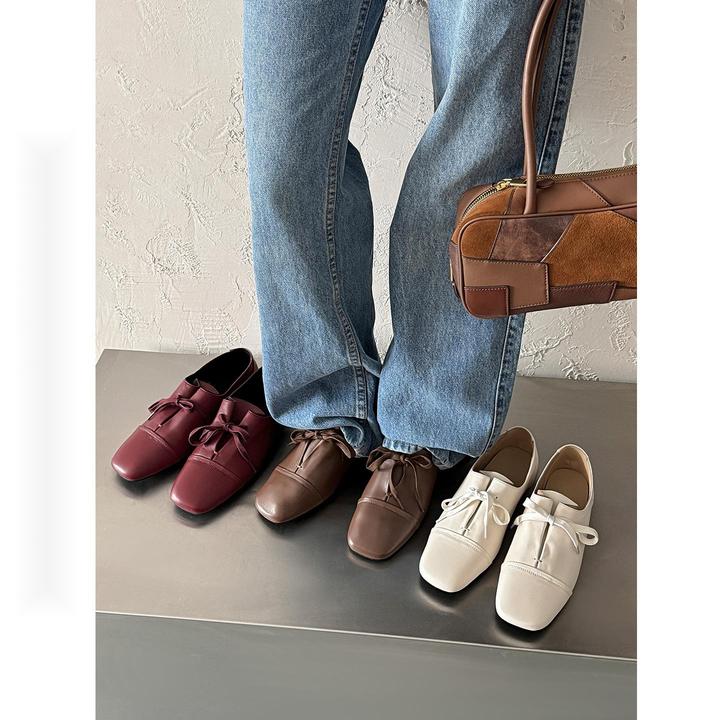 羊皮版~欧美方头英伦风单鞋女系带平底舒适通勤百搭复古粗跟女鞋