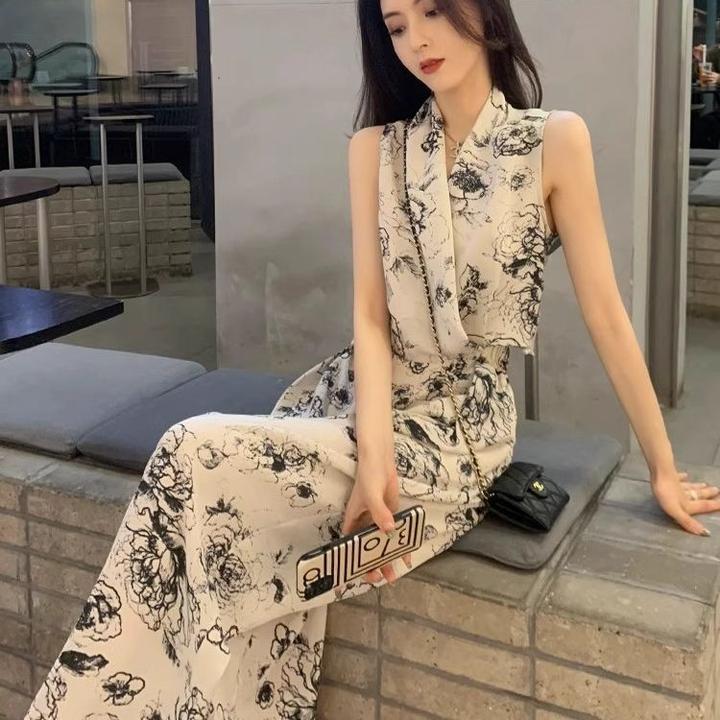 小个子穿搭一整套装阔腿裤两件套水墨扎染碎花挂脖吊带背心上衣女