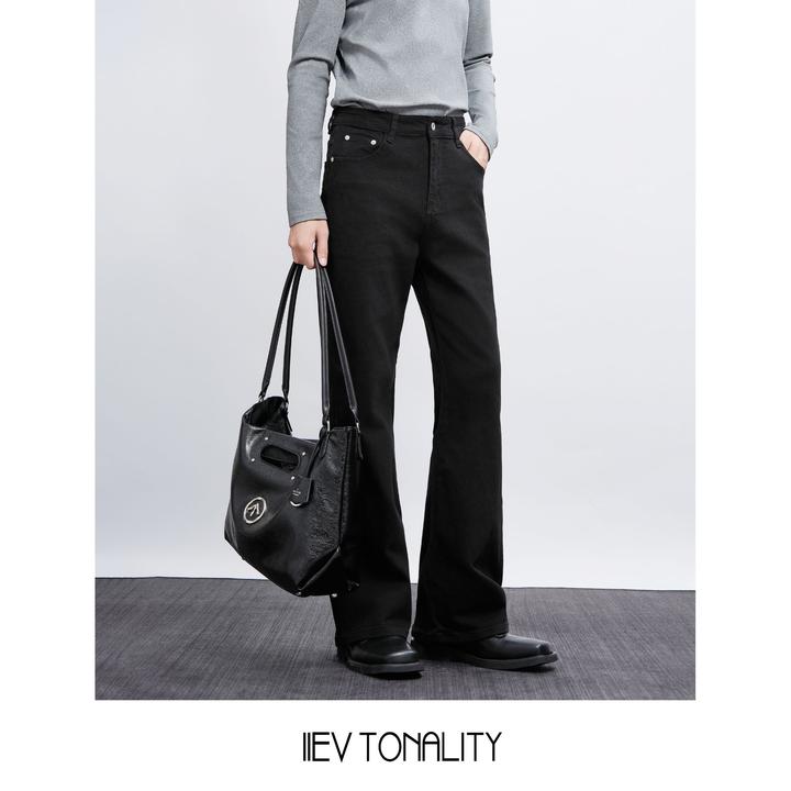 11EV 25巴黎“Bootcut”水洗宽松微喇叭弯刀黑色牛仔裤cleanfit长裤