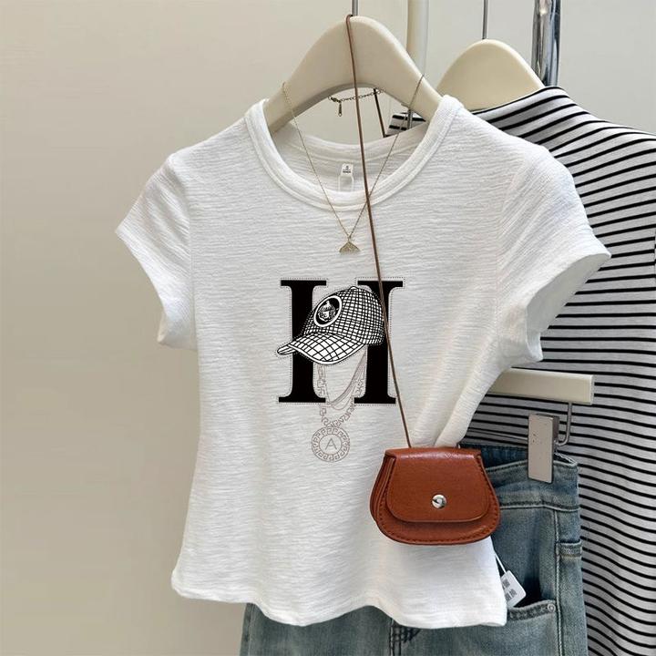 雪花棉短袖圆领T恤女士2025夏季新款小个子字母印花白色短款上衣