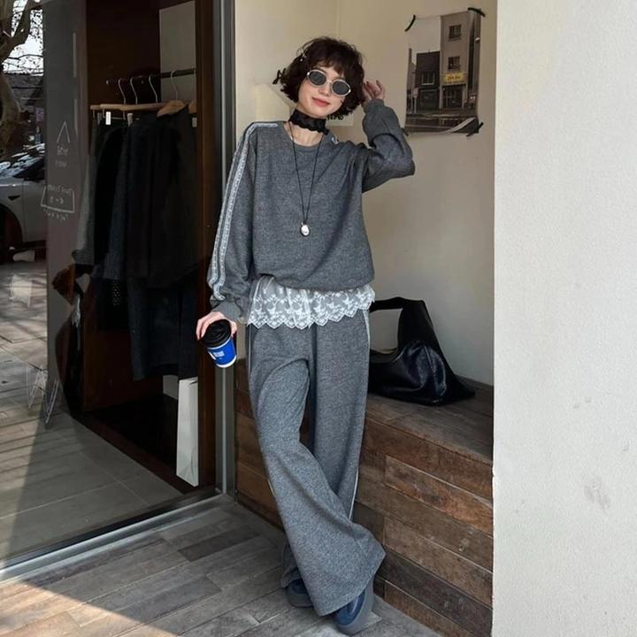 春季新款2025年高级感时尚套装蕾丝下摆拼接卫衣休闲卫裤两件套女