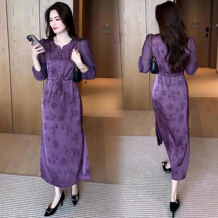 时尚印花连衣裙女2025早春新款气质显瘦七分袖中长款抽绳减龄裙子