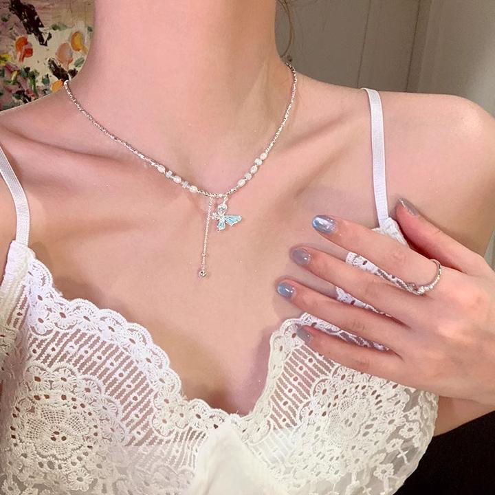 铜合金项链 法式碎银子珍珠蝴蝶项链女轻奢小众高级感锁骨链颈链
