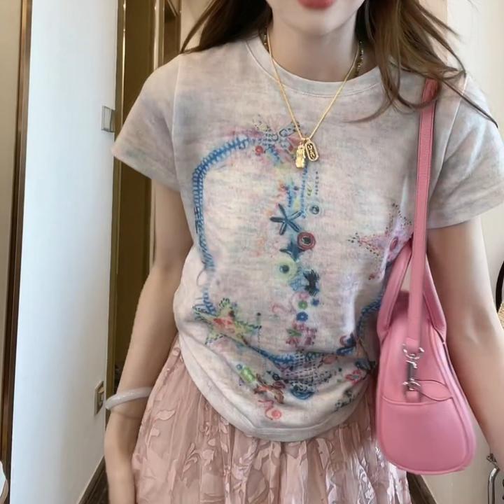 【星星连线】春夏新款正肩辣妹涂鸦短袖LK2502547