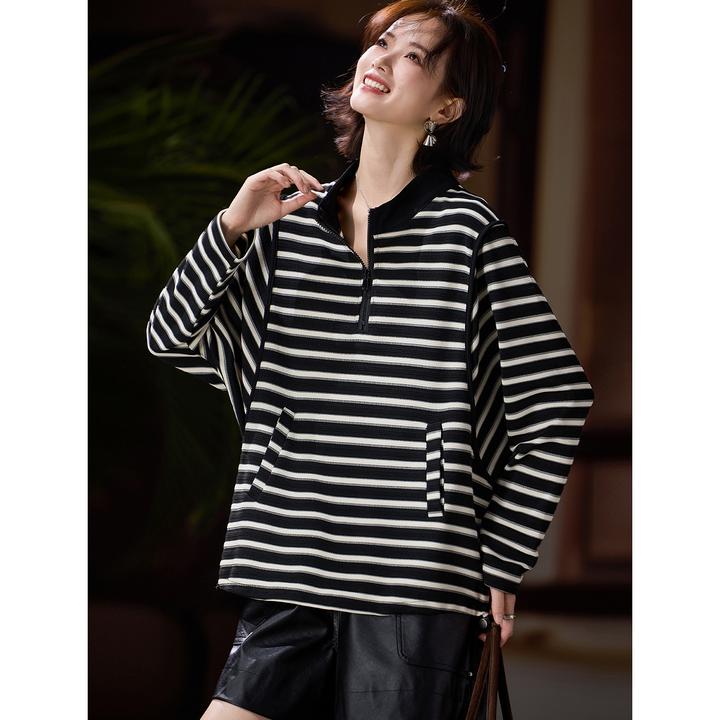DUCURNO时尚条纹长袖卫衣女秋2025新款洋气立领宽松休闲大码上衣