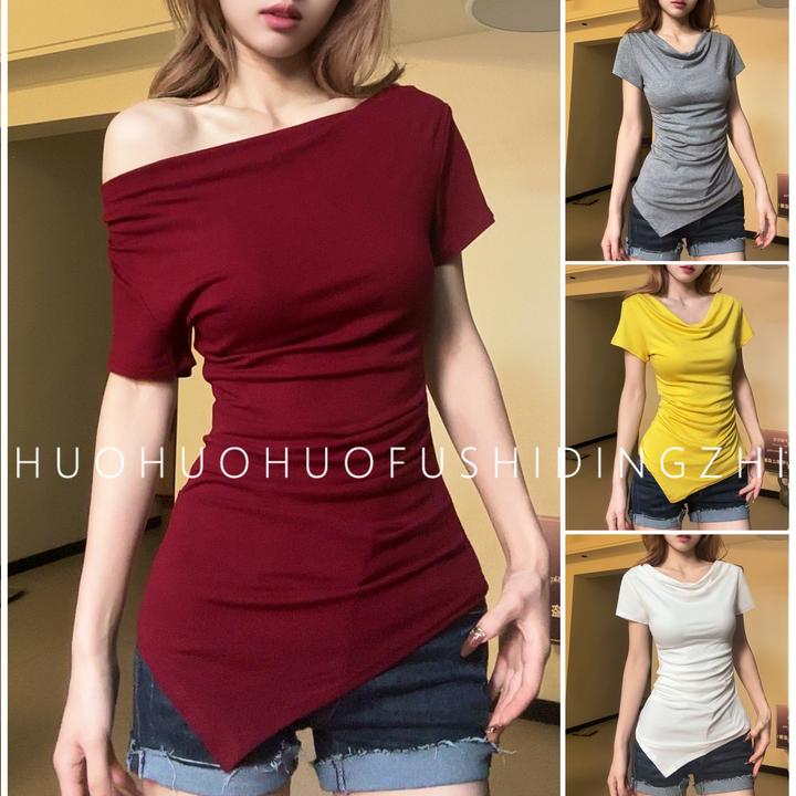 夏季新款荡领皱褶一字肩设计感短袖百搭上衣收腰显瘦性感T桖6825