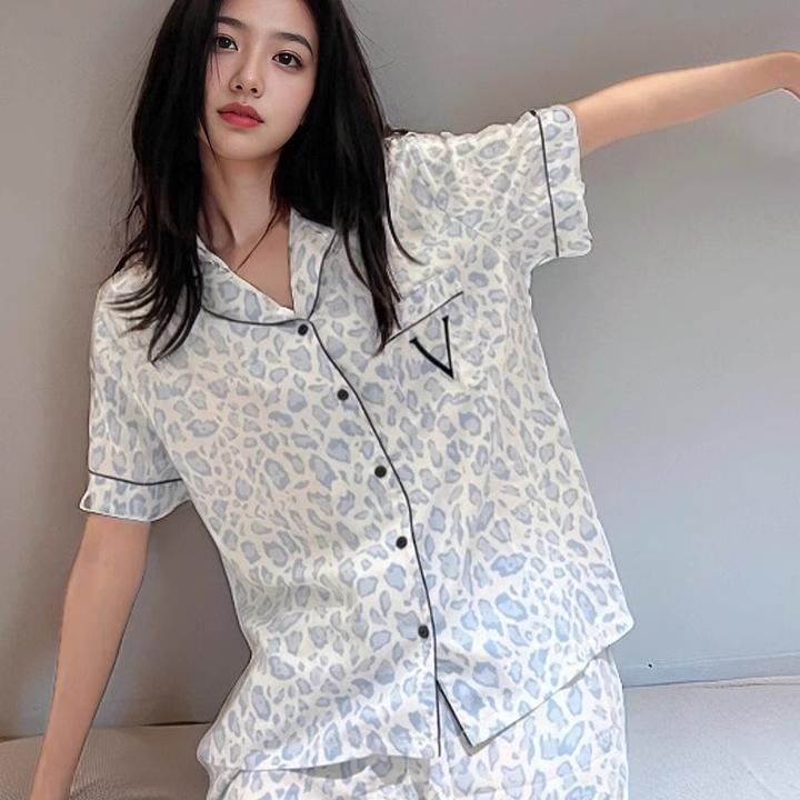 夏季简约蓝豹纹睡衣女纯欲风开衫短袖短长裤套装休闲可外穿家居服