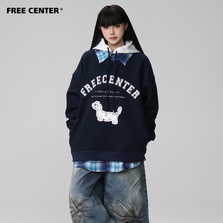 Free Center假三件连腊肠狗帽卫衣男女美式复古字母宽松慵懒帽衫