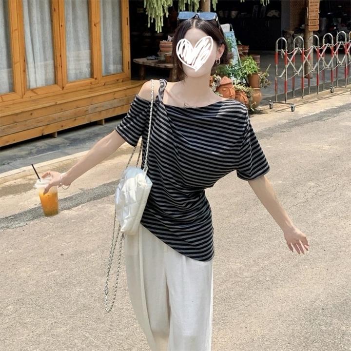 【运补】网红洋气炸街条纹扭结吊带T恤女装夏季不规则修身ins上衣服