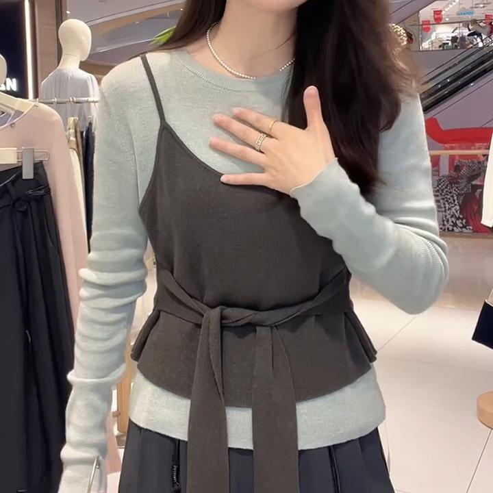 韩系百搭气质拼接假两件针织衫女2025早秋新款设计感绑带显瘦上衣