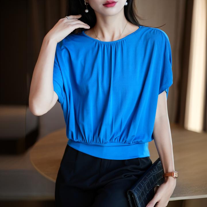 重磅新品女圆领蝙蝠袖加捻针织真丝v领短袖T恤显瘦气质桑蚕丝上衣